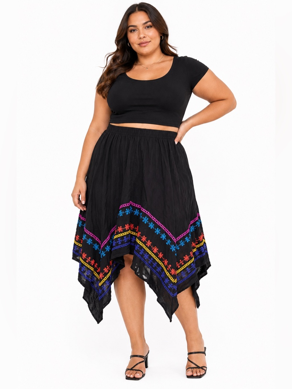 Y2K does 60s/70s Vintage Embroidered Choppy Hem Midi Skirt (Black/Multi) Size XL